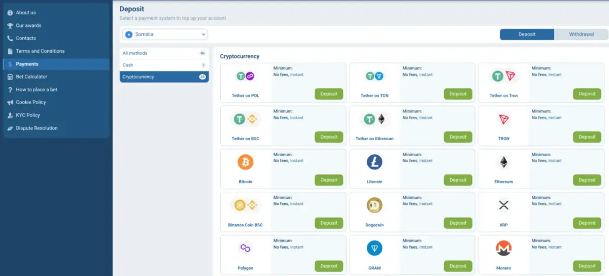 1xbet Somalia payment methods