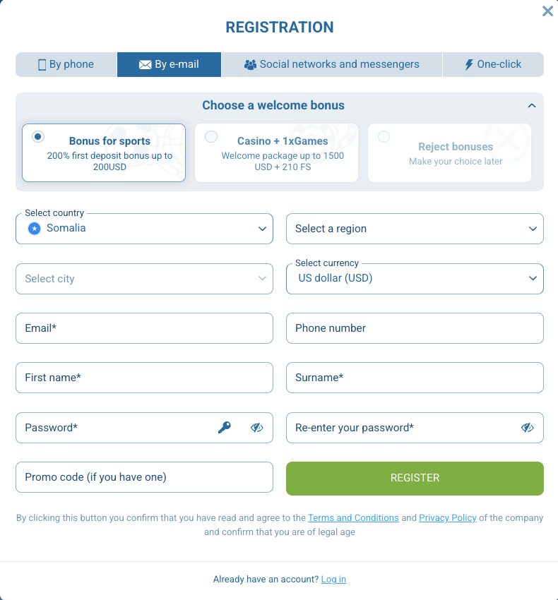 1xbet registration by email
